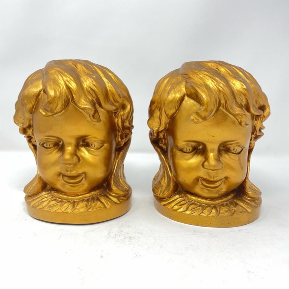 Vintage Gold Child Head Bookends Set Bronze Color Heavy Cherub - Picture 6 of 7